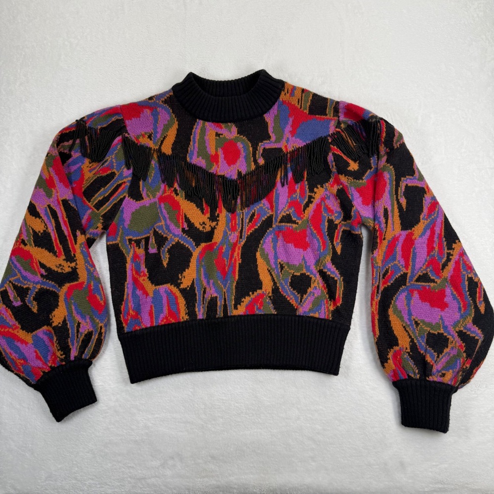 Farm Rio Horse Tapestry Fringe Beaded Mock‎ Neck Sweater Black Multicolor Medium